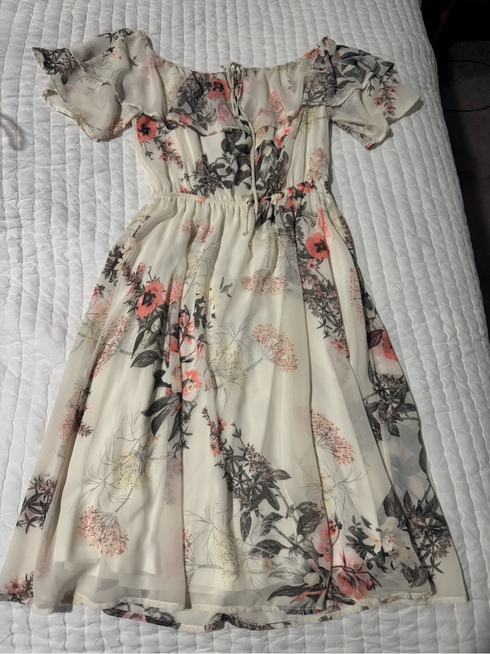 Off-Shoulder Floral Cream Dress with Pink Accents